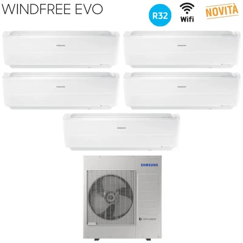 Qualità garantita | Climatizzatore Condizionatore Samsung Penta Split Inverter serie WINDFREE EVO 9+9+9+9+18 con AJ100RCJ R-32 Wi-Fi Integrato 9000+9000+9000+9000+18000