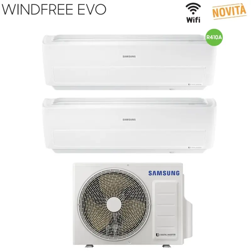 Climatizzatore Condizionatore Samsung Dual Split Inverter serie WINDFREE EVO 9+12 con AJ040MCJ2EH R-410 Wi-Fi Integrato 9000+12000 - Novità 2019 | Ultimi pezzi
