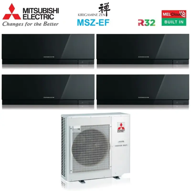 Acquista dal produttore | Climatizzatore Condizionatore Mitsubishi Electric Quadri Split Inverter serie KIRIGAMINE ZEN BLACK MSZ-EF 7+7+18+18 con MXZ-4F80VF R-32 Wi-Fi Integrato Colore Nero 7000+7000+18000+18000