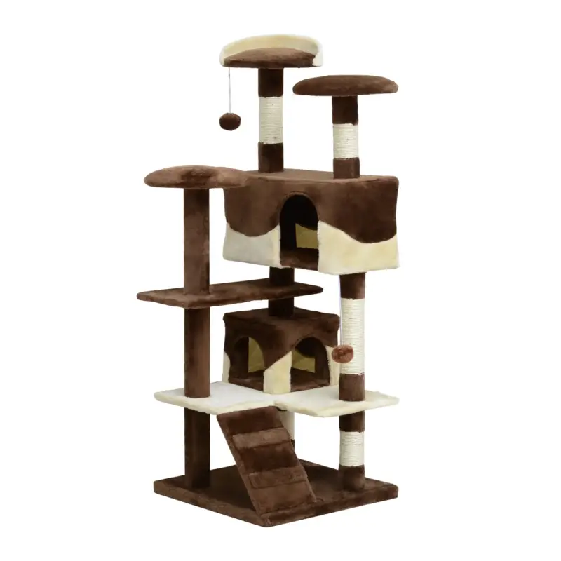 Easycomfort Albero Tiragraffi per Gatti in Peluche e Sisal con Cucce e Pallina 50×50×134.5cm Caffè e Crema - Soddisfatti o rimborsati
