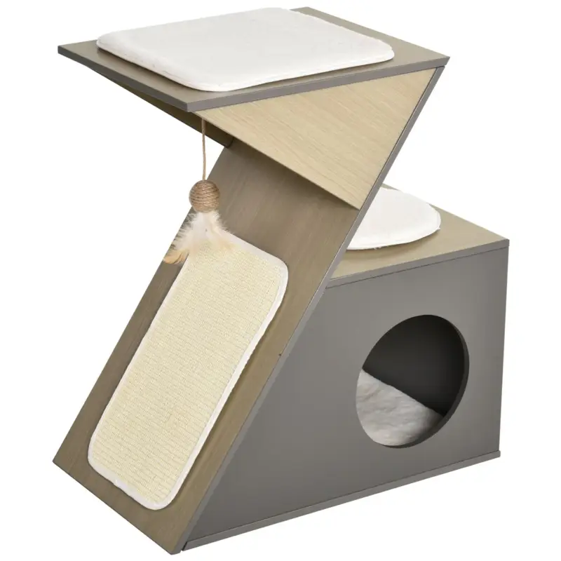 Top vendite | EASYCOMFORT Casetta per Gatti con Tiragraffi e Pallina in Corda Sisal e Legno MDF Grigio e Color Legno
