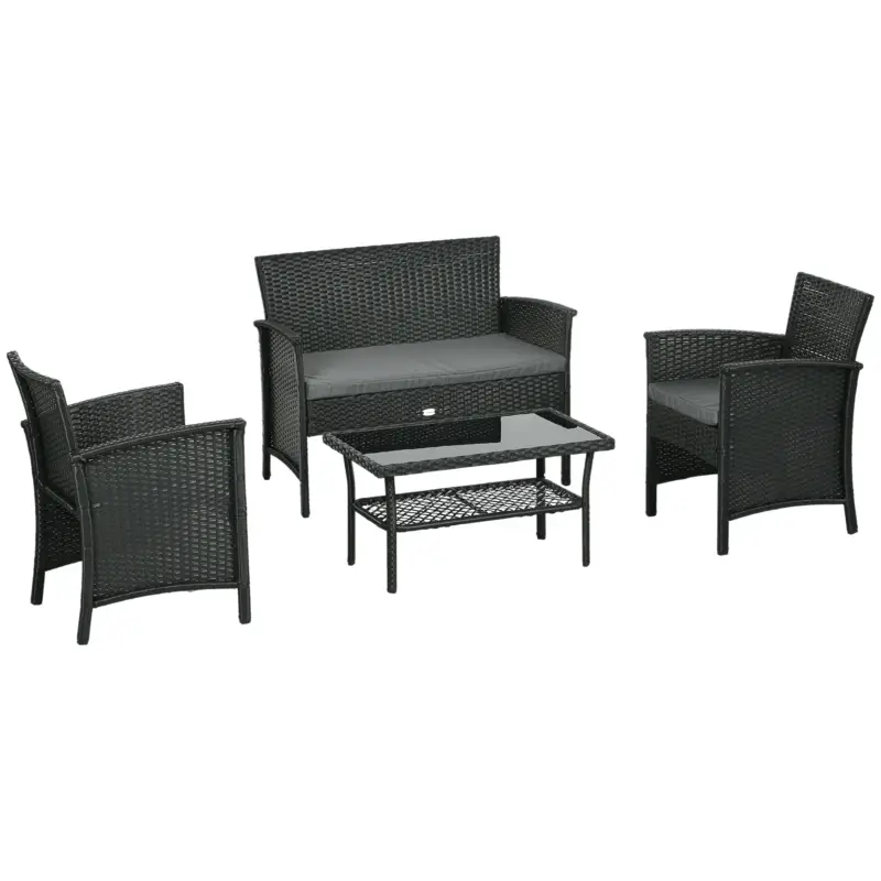 Tra i più venduti | EasyComfort Salotto da Esterno Rattan PE con Divanetto, 2 Poltrone con Cuscini e Tavolino in Vetro, Nero e Grigio