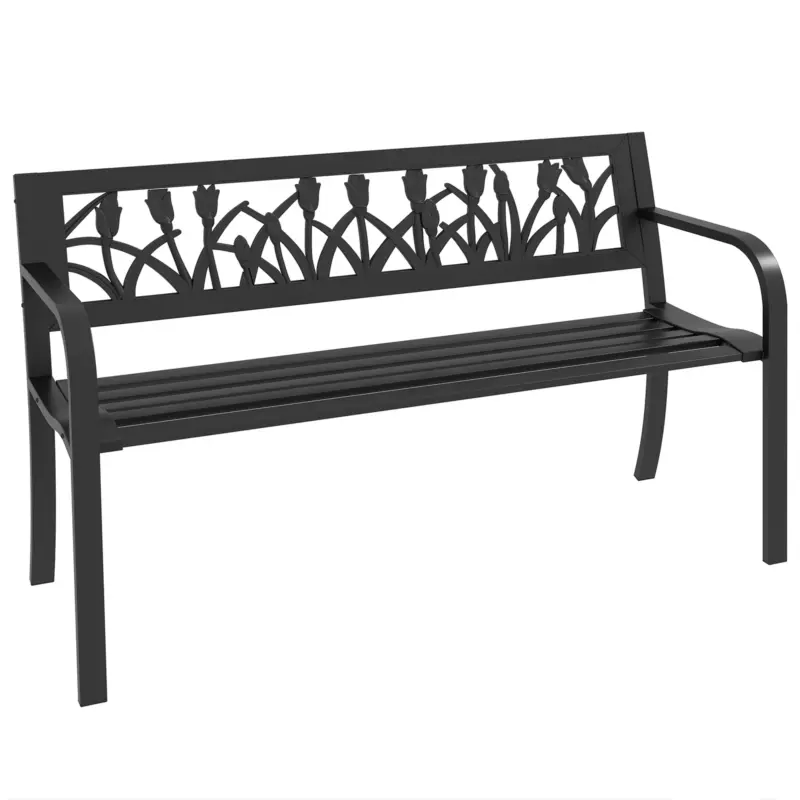 Sconti - EasyComfort Panchina da Giardino a 2 Posti in Acciaio con Schienale Decorato e Braccioli, 125x50x75cm, Nero