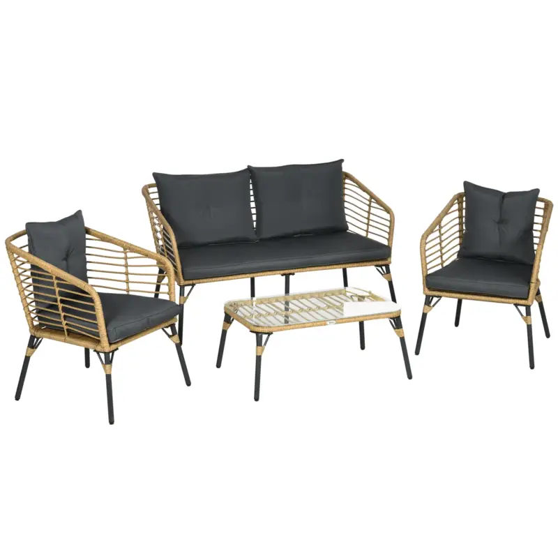 Super offerta - EasyComfort Set da Giardino 4 Pezzi in Rattan PE e Acciaio con 2 Sedie, Divano 2 Posti e Tavolino, Marrone Nero e Grigio