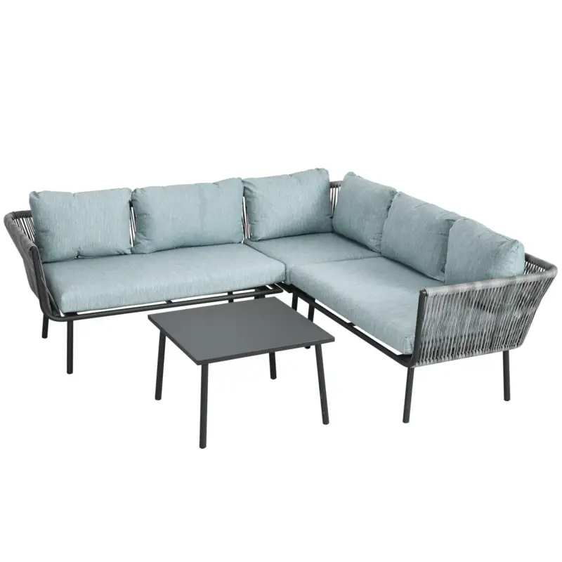 Prezzo d'offerta - EasyComfort Set da Giardino 4 Pezzi in Rattan con Tavolino da Caffè, 2 Divani ad Angolo e Poltroncina, Nero Grigio e Blu