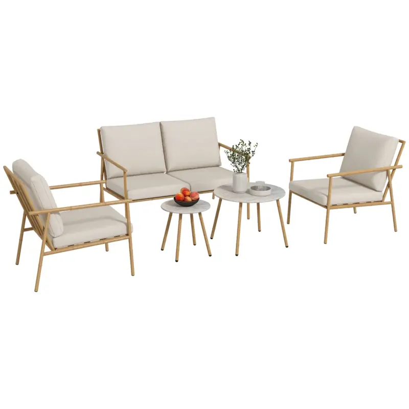 Appena aggiunto | EasyComfort Salotto da Giardino con Divano, 2 Poltroncine e 2 Tavolini Effetto Bambù con Cuscini, Marrone