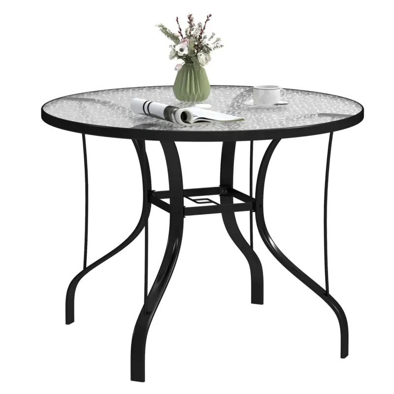 Ordina subito | EasyComfort Tavolino da Giardino Rotondo con Foro per Ombrellone, in Metallo e Vetro Temperato, Ø96.5x71 cm, Nero