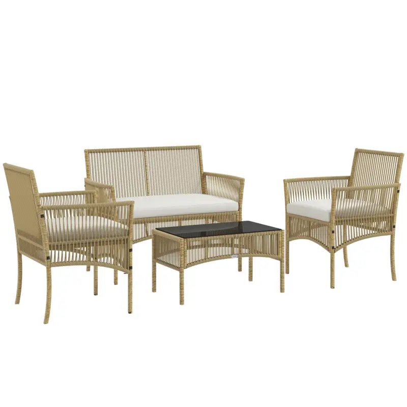Svendita | EasyComfort Set da Giardino in Rattan da 4 Pezzi con 2 Poltroncine, Divano e Tavolino da Caffè, Naturale e Nero