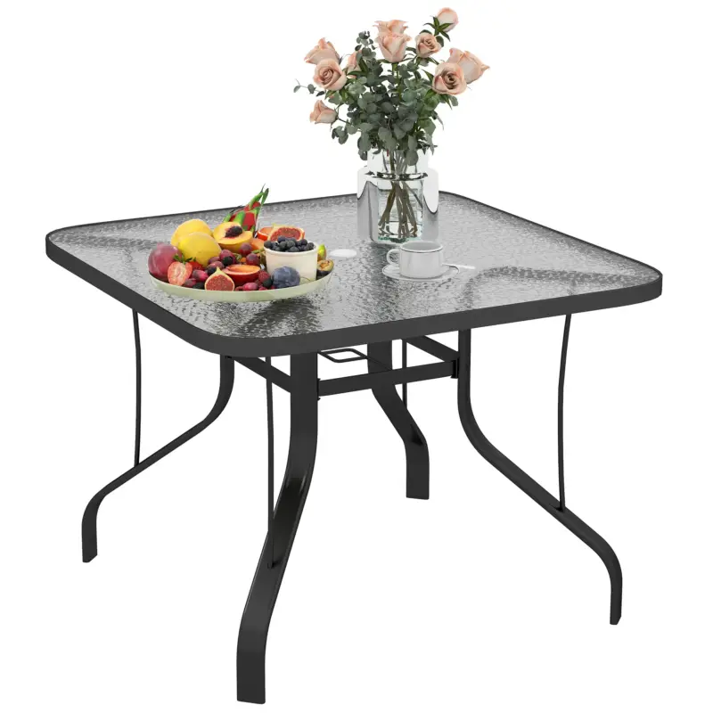 Spedizione rapida - EasyComfort Tavolo da Giardino Quadrato a 4 Posti con Piano in Vetro e Foro per Ombrellone Ø54 mm, Nero