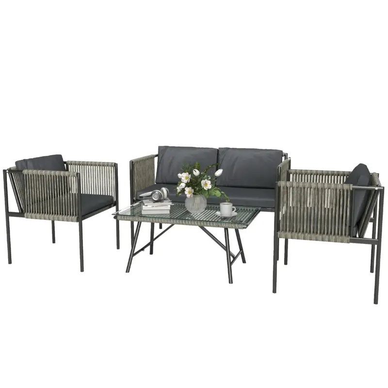 EasyComfort Set Salotto da Giardino in Rattan con 2 Poltrone, Divanetto 2 Posti e Tavolino da Caffè in Vetro, Grigio - Acquista oggi