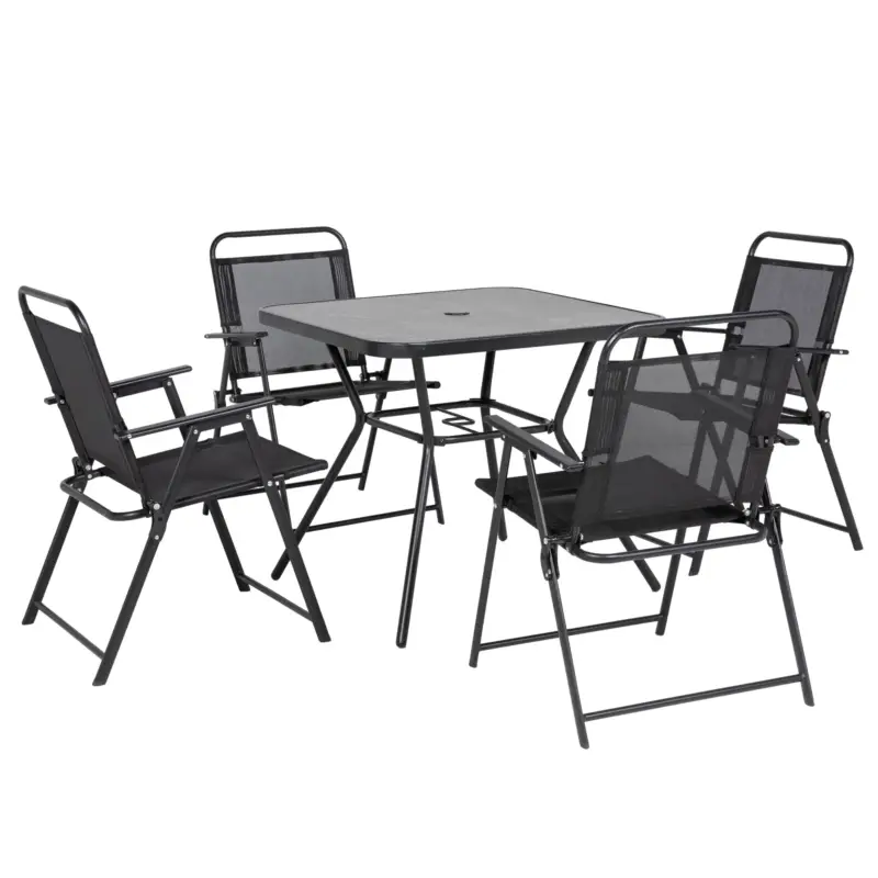 Super prezzo | EasyComfort Set da Giardino con 4 Sedie Pieghevoli con Braccioli e Tavolo con Foro per Ombrellone, Nero
