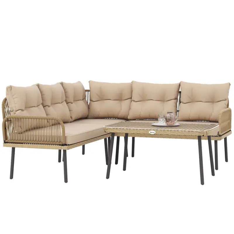 Svendita | EasyComfort Salotto da Giardino in Rattan 2 Divanetti e Poltrona Angolare con Cuscini, Tavolino in Vetro, Colore Legno