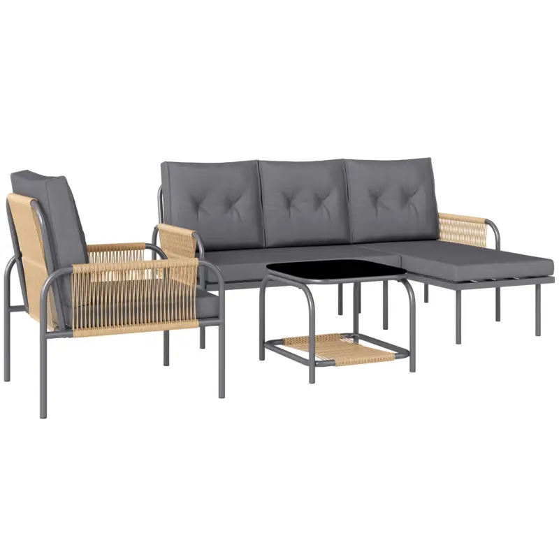 EasyComfort Salotto da Giardino 4 Pezzi in Rattan con Divano, Chaise Longue, Poltrona e Tavolino con Cuscini, Grigio | Nuovo prodotto