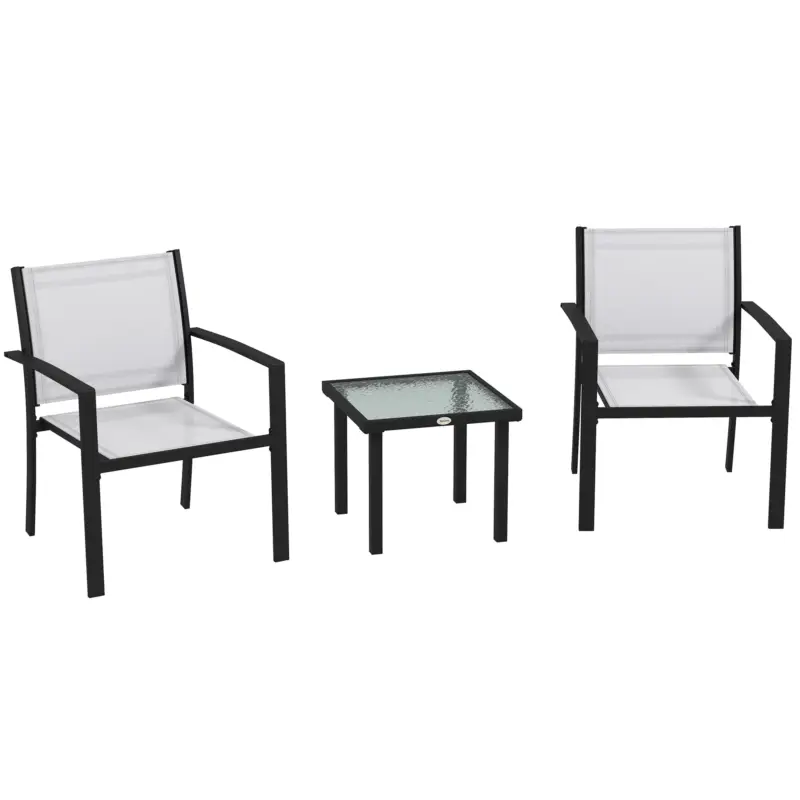 EasyComfort Set da Giardino con Tavolino in Vetro e 2 Sedie Impilabili in Tessuto a Rete, Grigio Chiaro - Prezzo imbattibile
