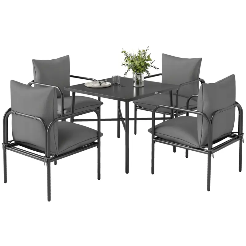 EasyComfort Set da Giardino 5 Pezzi in Acciaio con 4 Sedie 58x58x66 cm e Tavolo 80x80x71 cm con Foro Centrale, Grigio | Approfitta dell'offerta