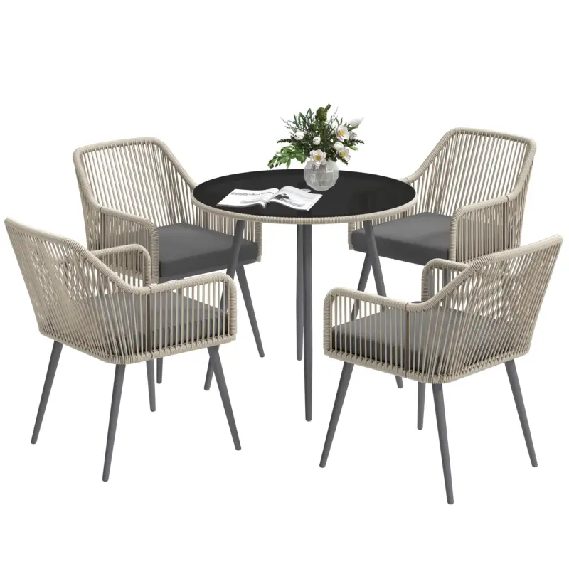 Consigliato - EasyComfort Set da Giardino 5 Pezzi in Rattan e Acciaio con 4 Sedie da Esterno e Tavolo Rotondo con Foro, Marrone e Grigio