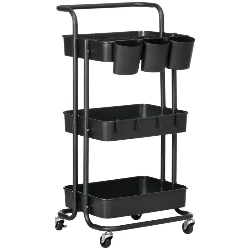 Scorte in esaurimento | EasyComfort Carrello Cucina Multiuso a 3 Livelli con Cestini e Ganci Rimovibili, Ripiano con 12 Divisori, Nero