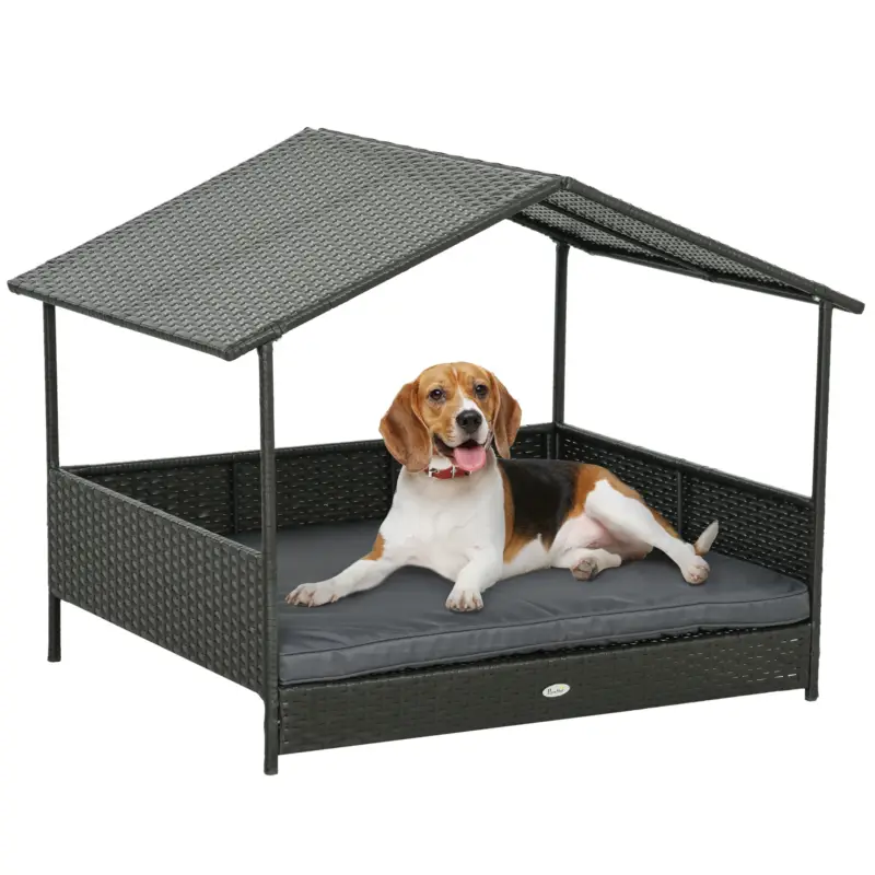 Solo oggi - EasyComfort Casetta per Cani Rialzata con Cuscino Sfoderabile, in Rattan PE e Acciaio, 117x85x89 cm, Grigio e Marrone