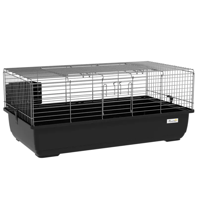 Qualità superiore | EasyComfort Gabbia per Conigli a 2 Porte con Vassoio Rimovibile, in Metallo e Plastica PP, 100x55x41 cm, Nero e Argento