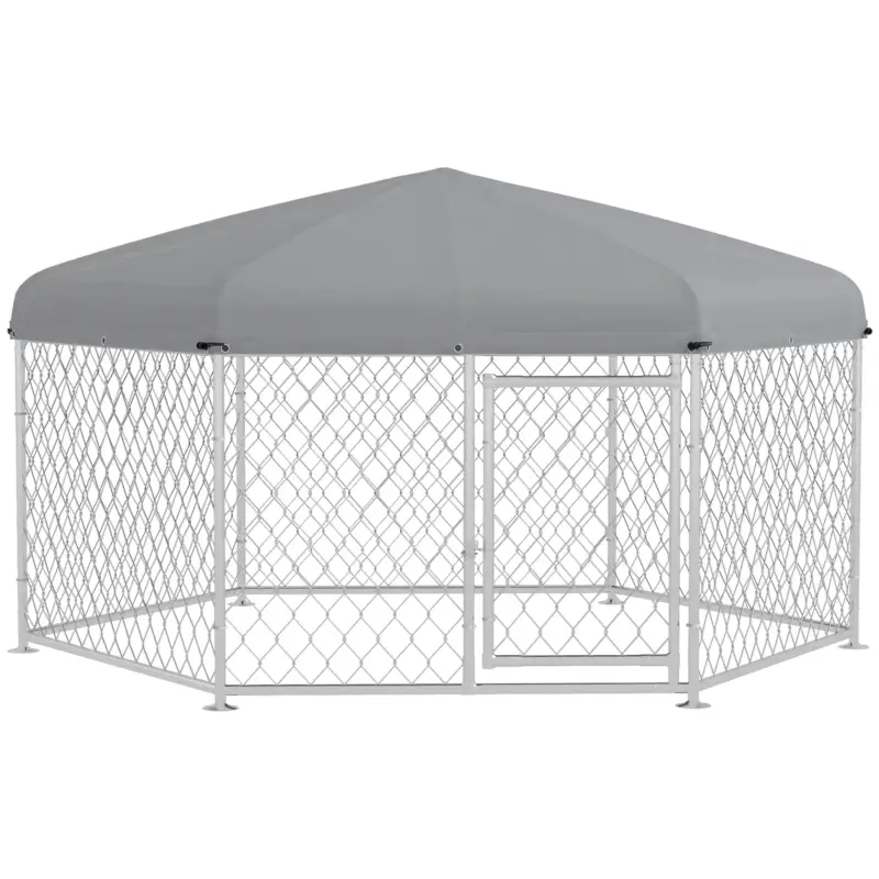 Sconto speciale - EasyComfort Recinto per Cani Taglia Grande con Tetto in Tessuto Oxford Anti UV, 2.1x1.85x1.5m, Argento e Grigio