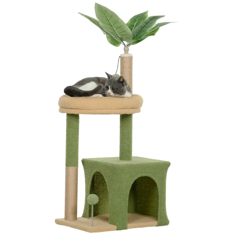 EasyComfort Albero Tiragraffi per Gatti con Casetta, Lettino e 2 Palline, in Legno e Poliestere, 44x30x98 cm, Verde e Marrone - Grande affare