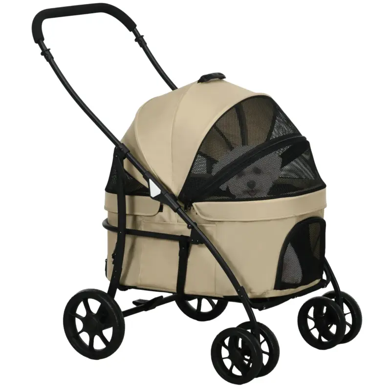 Premium | EasyComfort Passeggino per Cani Taglia Piccola con Tettuccio Regolabile e 2 Guinzagli, 81x68x98.5 cm, Nero e Khaki
