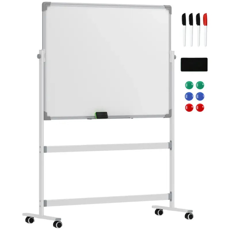 Fine serie - EasyComfort Lavagna Magnetica Bianca a 2 Facce con Accessori e 4 Ruote, in Alluminio e Acciaio, 127x50x165 cm
