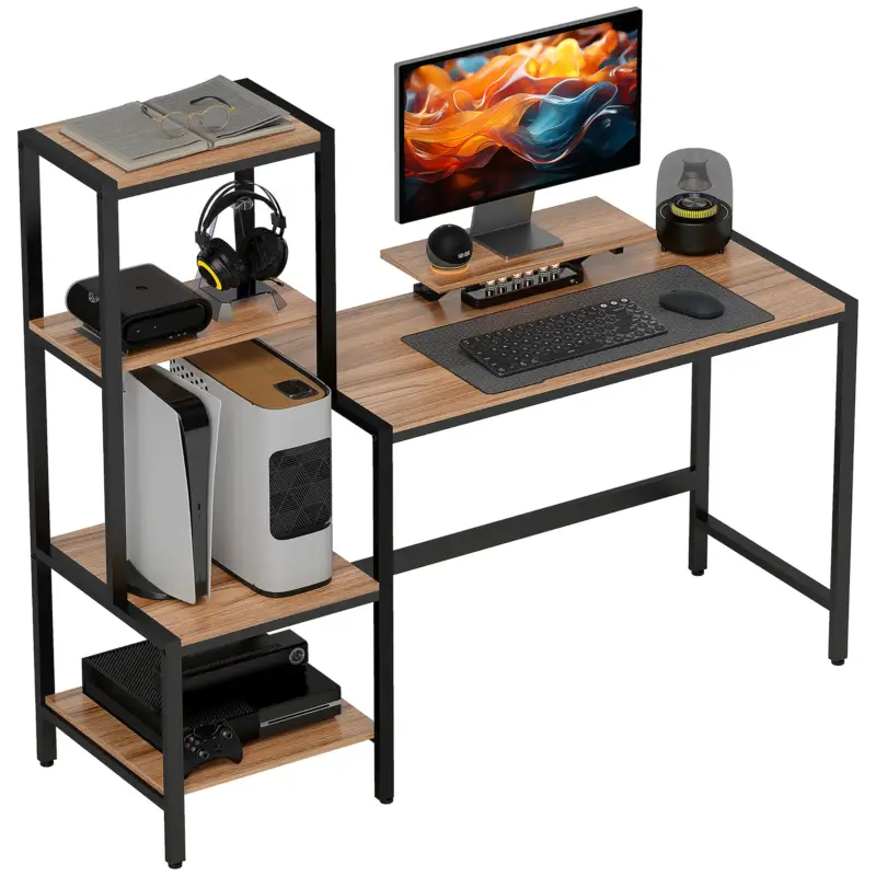 EasyComfort Scrivania per Camera con Scaffale a 4 Ripiani e Supporto per Monitor, 150x48x125cm, Marrone - Saldi