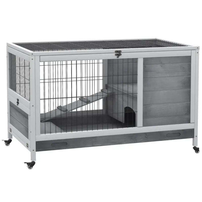 Tra i più venduti | EasyComfort Conigliera in Legno con 4 Ruote, Casetta per Conigli e Rampa, 90x53x59cm, Grigio