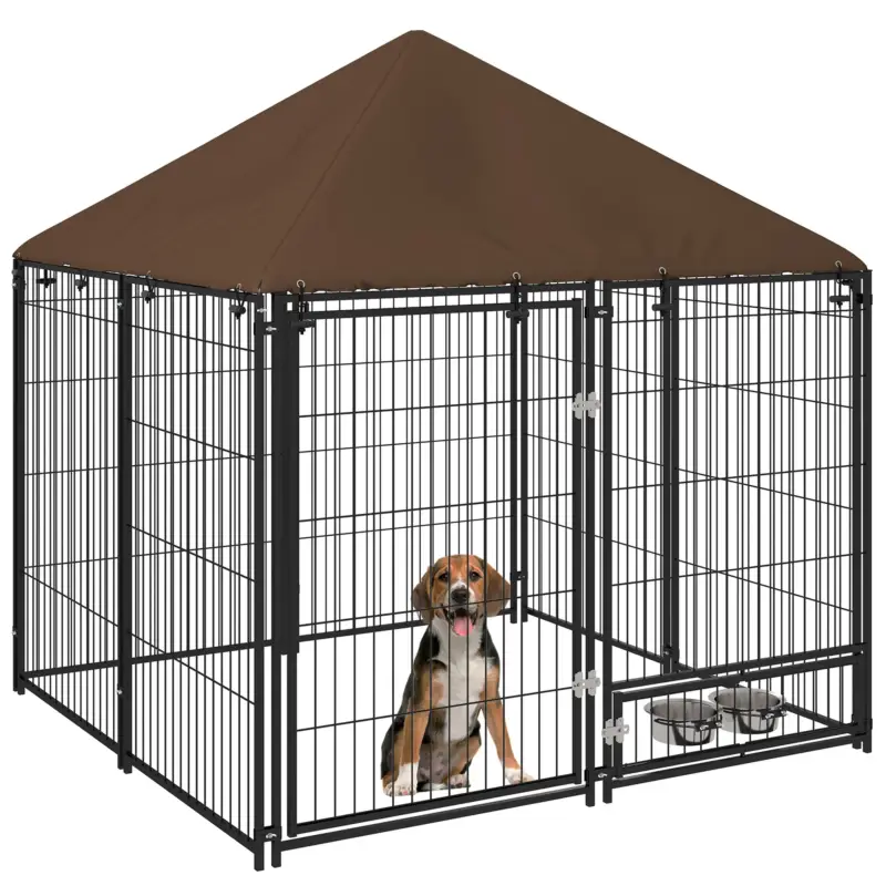 Direttamente dalla fabbrica - EasyComfort Recinto per Cani in Metallo e Tessuto Oxford con Porticina per Ciotole, 141x141x151 cm, Nero e Marrone