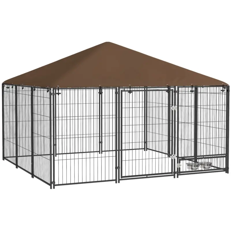 Sconto extra - EasyComfort Recinto per Cani in Metallo e Tessuto Oxford con Porticina per Ciotole, 211x211x151 cm, Nero e Marrone