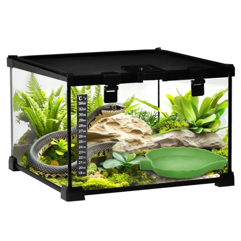 Prezzo scontato - EasyComfort Terrario per Rettili Rialzato con Serratura e Termometro, in Vetro e Rete Metallica, 30x30x20 cm, Nero