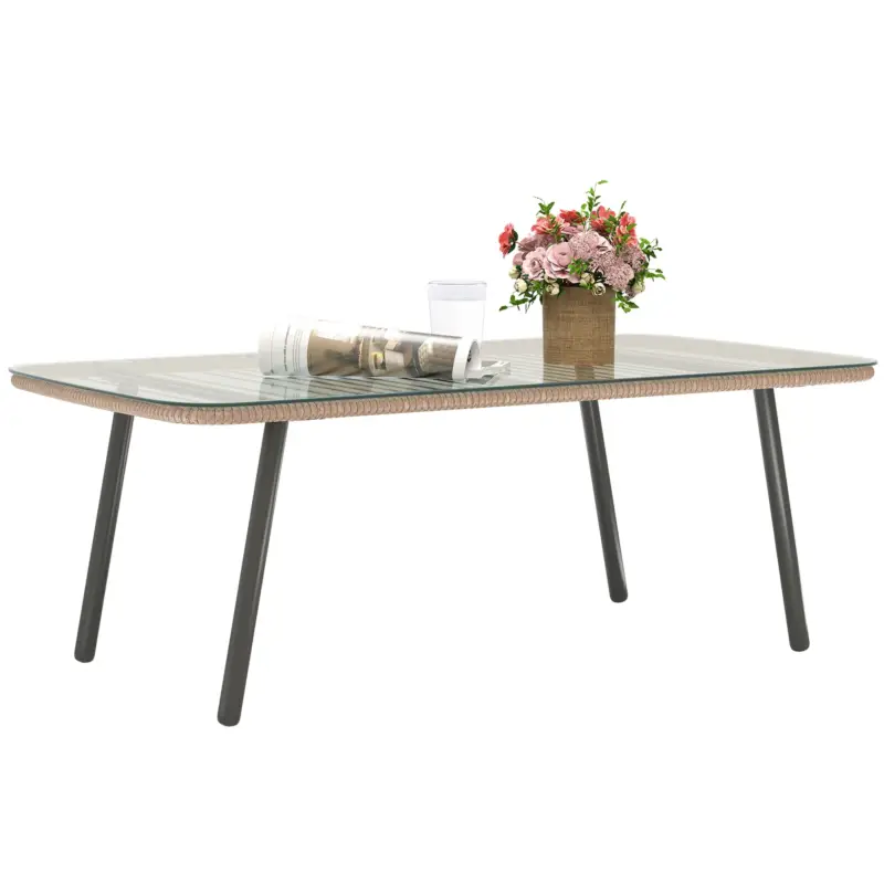 Acquista dal produttore - EasyComfort Tavolino da Giardino in Rattan PE con Piano in Vetro e Acciaio, 110x60x40 cm, Legno Naturale