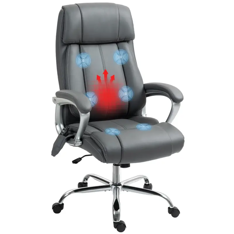Scelto dai clienti | EasyComfort Sedia da Ufficio Massaggiante a 6 Punti e Inclinabile, in pelle PU e Acciaio, 66x72x113-121 cm, Grigio Carbone