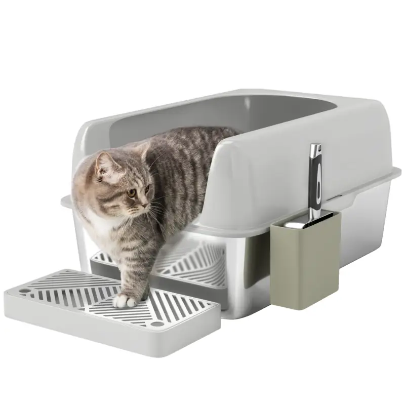 Nuovo arrivo - EasyComfort Lettiera per Gatti con Gradino, Paletta e Box Portaoggetti, in Acciaio Inox e ABS, 60.2x40.6x29 cm, Grigio Chiaro