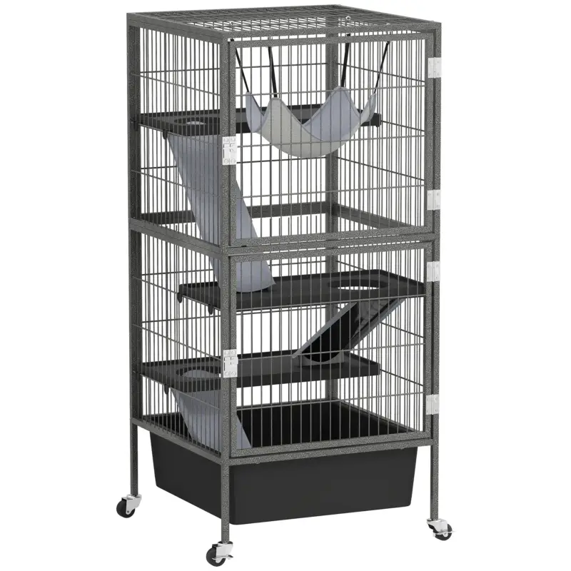Solo pochi pezzi | EasyComfort Gabbia per Piccoli Animali a 4 Livelli con Rampe, Piattaforme, Amaca e Ruote, 52x52x115 cm, Grigio