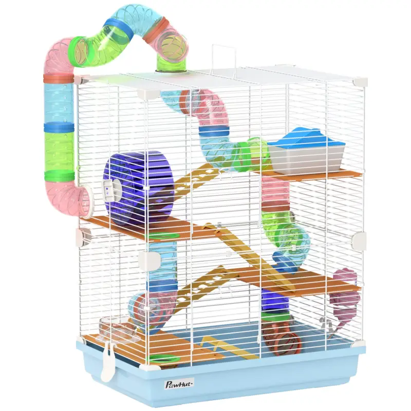 Qualità superiore - EasyComfort Gabbia per Criceti a 5 Livelli con Tubi, Ruota, Scale, Casetta e Bottiglia, in Metallo, PP e PS, 46x30x58 cm