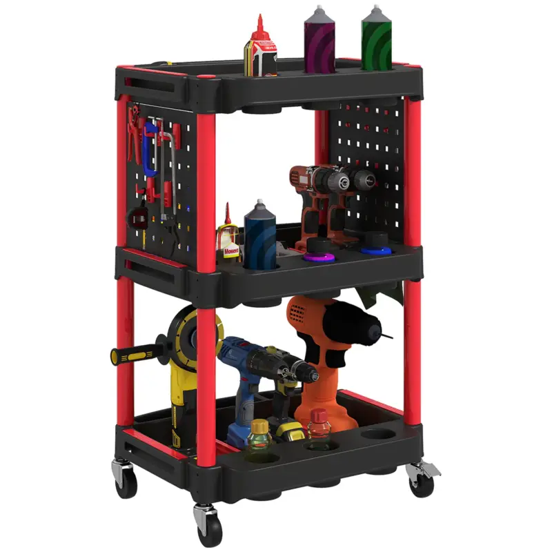 EasyComfort Carrello Porta Attrezzi a 3 Livelli in Plastica con Pannello Forato Laterale, Nero e Rosso - Qualità eccellente