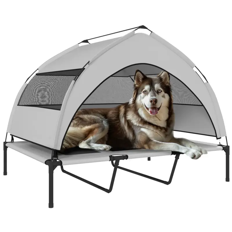 EasyComfort Lettino per Cani con Copertura a 3 Lati Rimovibile, in Poliestere e Acciaio, 122x92x94 cm, Grigio Chiaro e Nero - Disponibile subito