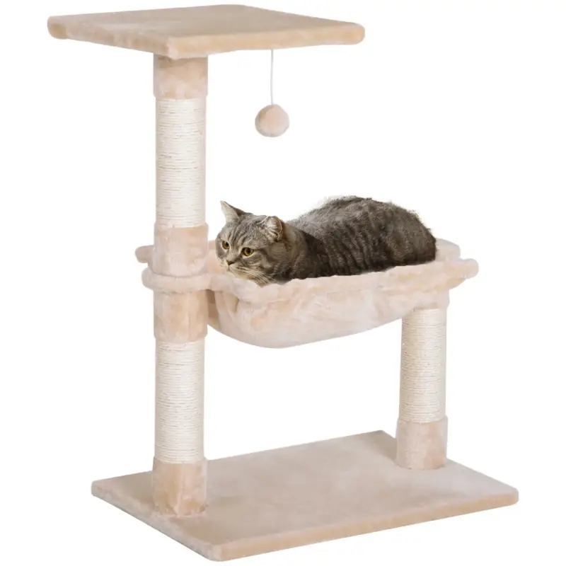 Ultimo arrivo - EasyComfort Torre per Gatti max 3.6kg con Amaca e Pallina Appesa, in Legno e Peluche, 50x36x70 cm, Beige