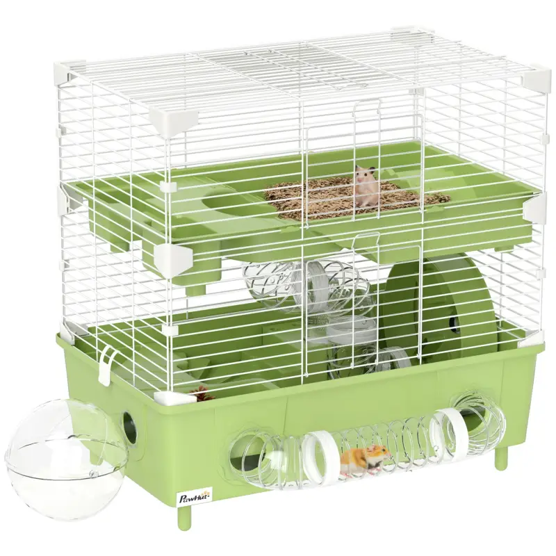 EasyComfort Gabbia per Criceti a 2 Livelli e 3 Porte con Ruota e Tubi, in Acciaio, PS e PP, 44.5x28x44 cm, Verde e Bianco - Prodotto di punta