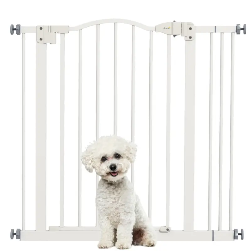 EasyComfort Cancelletto per Cani Estensibile con 2 Blocchi e Chiusura Automatica, in Metallo e Plastica, 74-87x78 cm, Bianco - Acquista subito