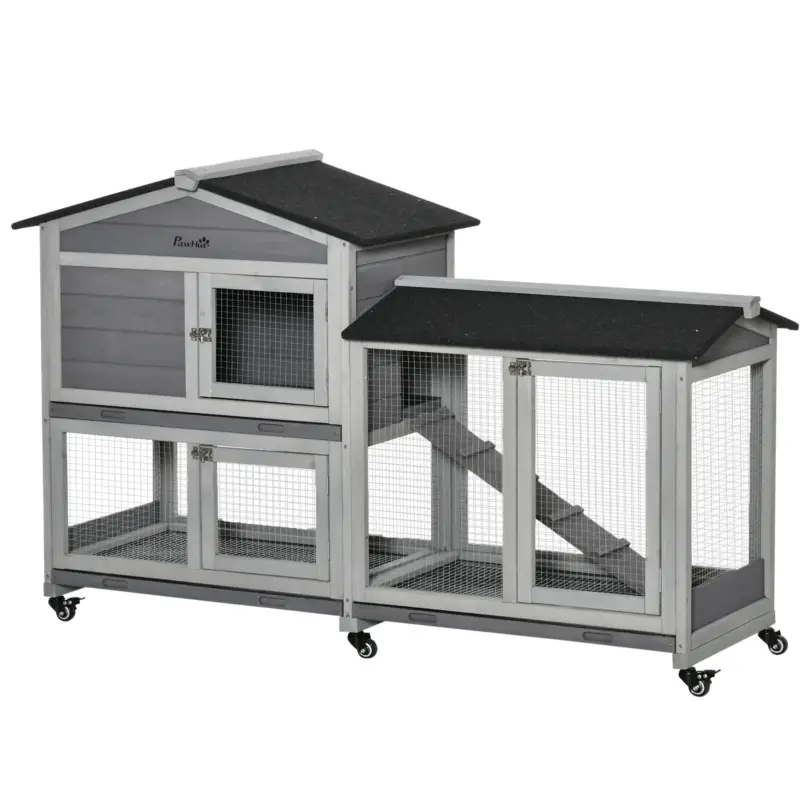 Spedizione veloce | EasyComfort Conigliera a 2 Livelli con Rete Protettiva e Rotelle in Legno e Metallo, 157.4x53x99.5 cm, Grigio