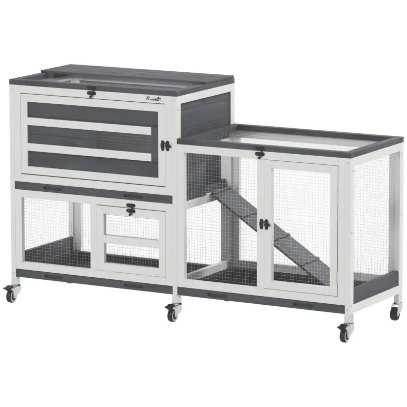 Appena arrivato - EasyComfort Conigliera a 2 Livelli con Rampa e 3 Vassoi, in Legno di Abete e Acciaio, 147x45x89.5 cm, Grigio e Bianco
