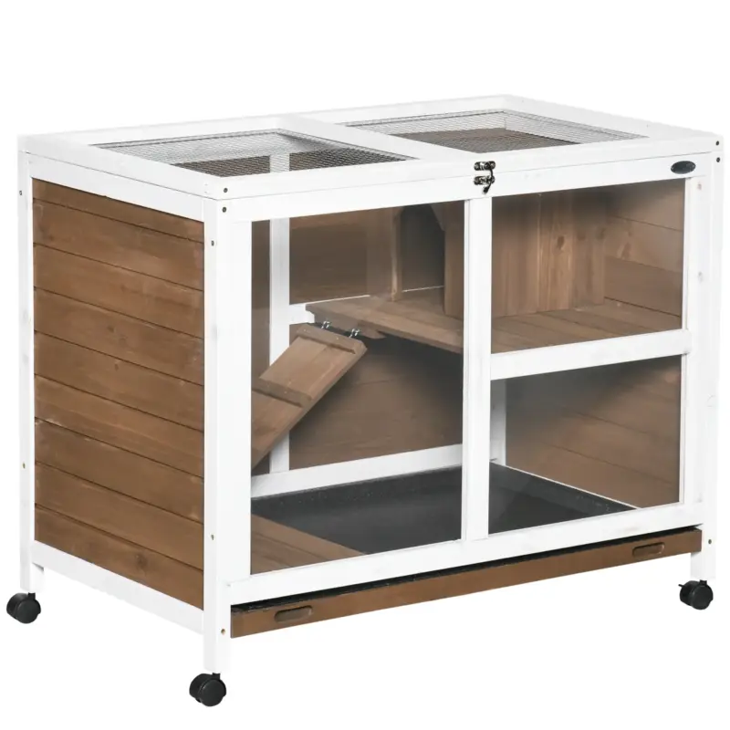 Alta qualità | EasyComfort Conigliera a 2 Livelli con Casetta, Rampa e Vassoio Estraibile, in Legno di Abete, 91.5x53.3x73 cm, Marrone