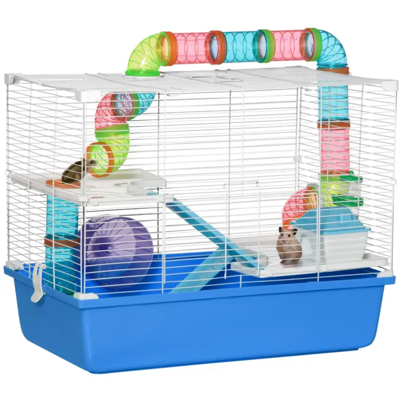 Compra ora | EasyComfort Gabbia per Criceti a 3 Livelli con Tunnel, Casetta e Ruota per Criceti, 59x36x47cm, Blu e Bianco