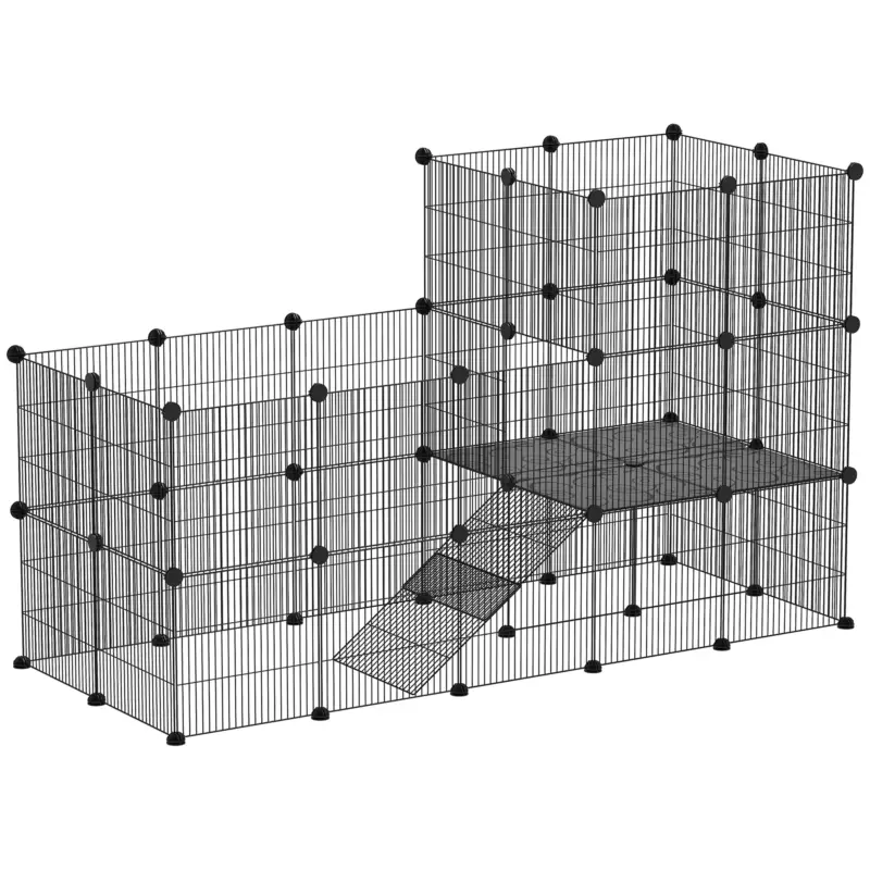 Scelto dai clienti - EasyComfort Recinto per Animali Modulabile e Multilivello con 39 Pannelli, in Acciaio e PP, 140x70x105 cm, Nero