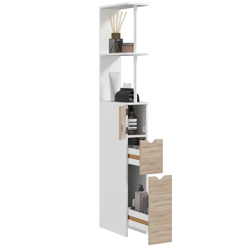 Pochi pezzi rimasti | EasyComfort Mobile Colonna Bagno Salvaspazio con Armadietto, Mobiletto Moderno con Ripiani e Cassetti, in MDF, 15x33x136 cm, Colore Legno