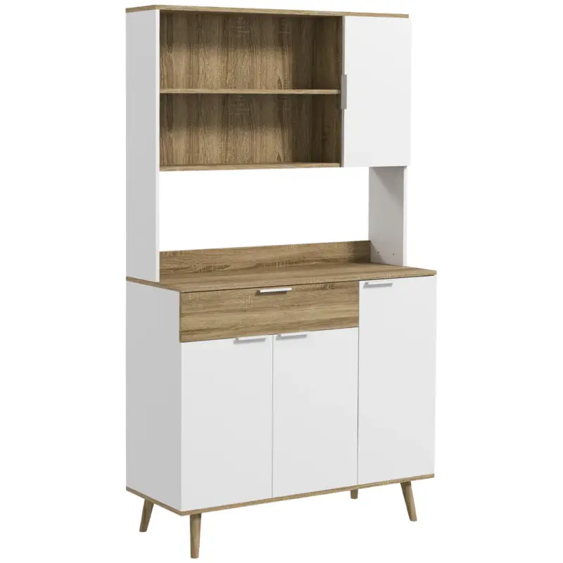 Bestseller | EasyComfort Credenza Cucina Alta Moderna con Armadietti e Cassetto, Mobile Dispensa con Ripiani regolabili, 98x39x180cm, Bianco e Legno